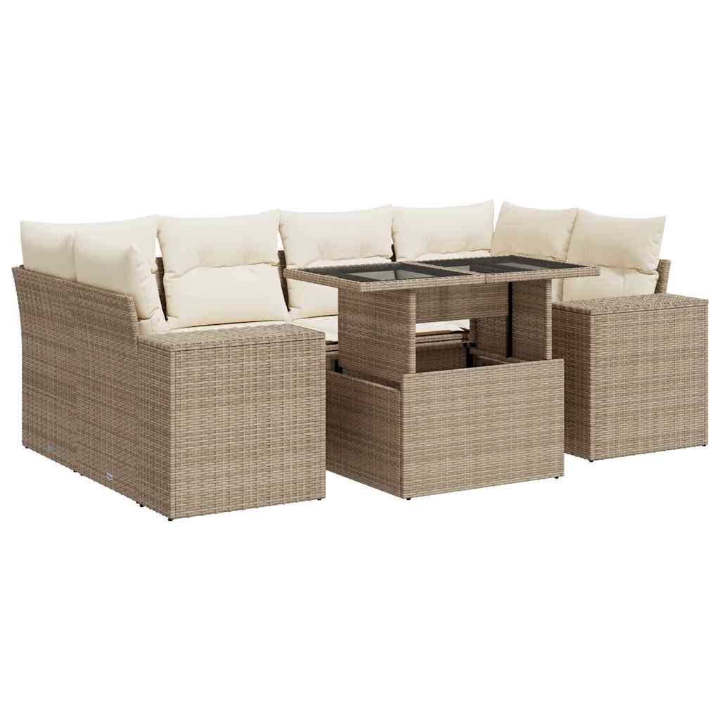 Set Divani da Giardino 7 pz con Cuscini Beige in Polyrattan