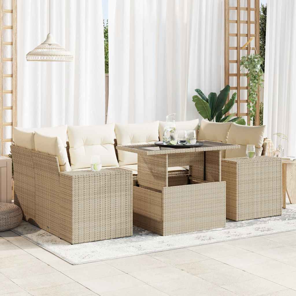 Set Divani da Giardino 7 pz con Cuscini Beige in Polyrattan