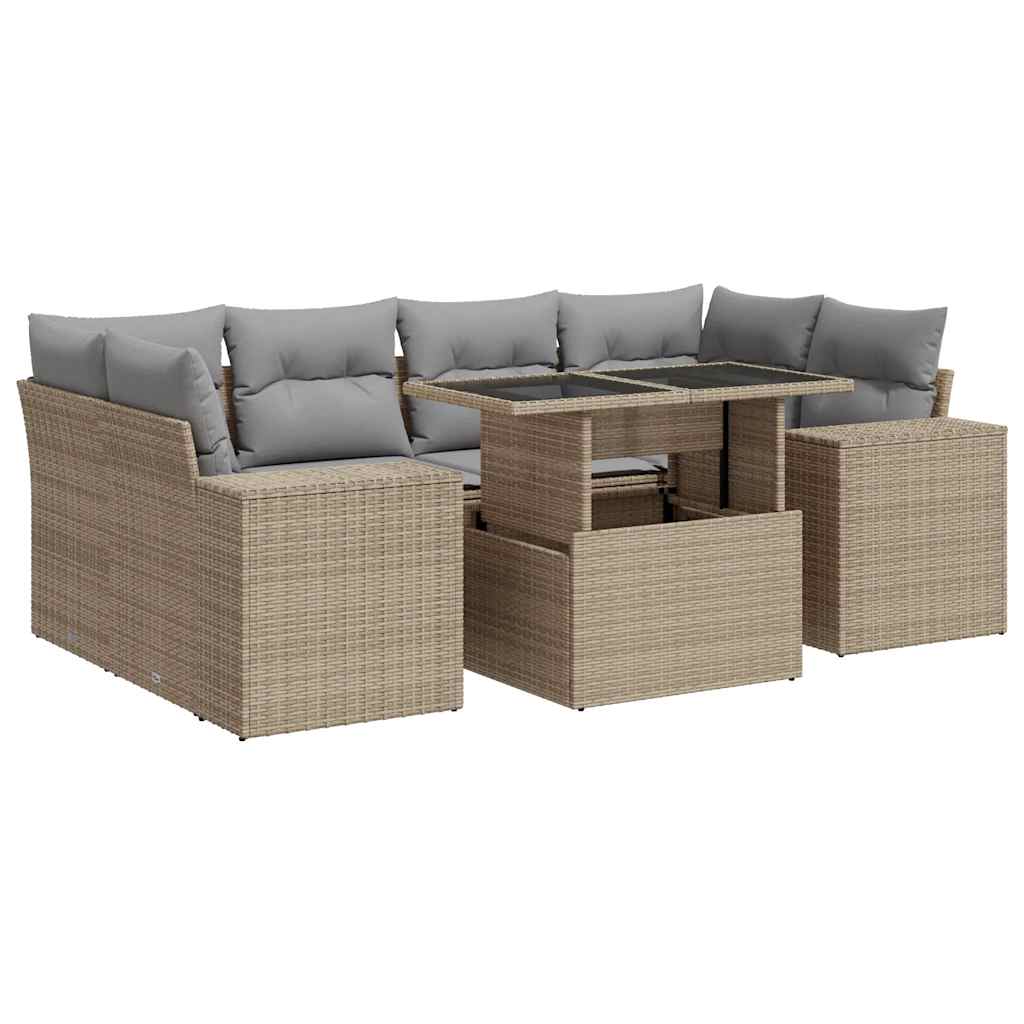 Set Divani da Giardino 7 pz con Cuscini Beige in Polyrattan