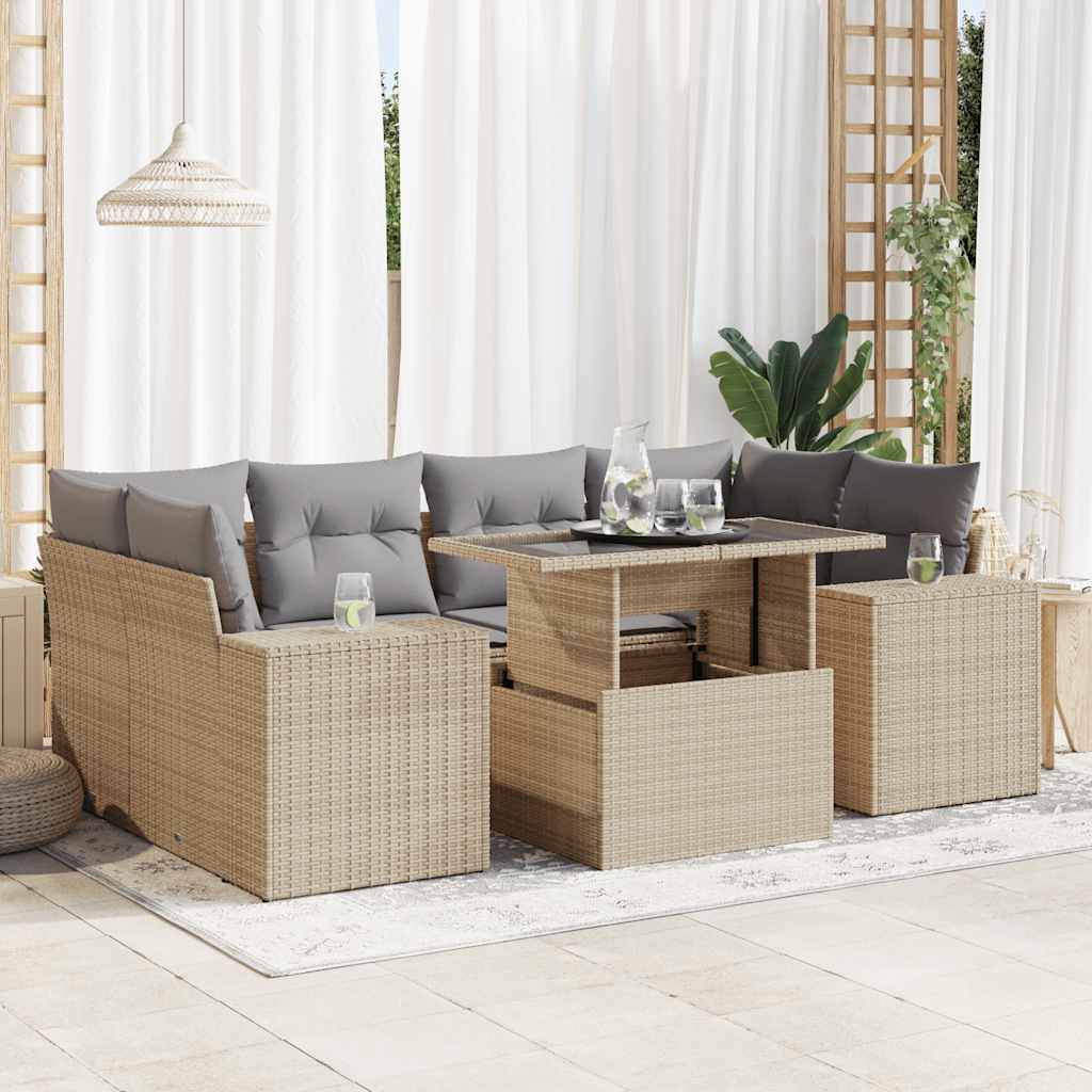 Set Divani da Giardino 7 pz con Cuscini Beige in Polyrattan