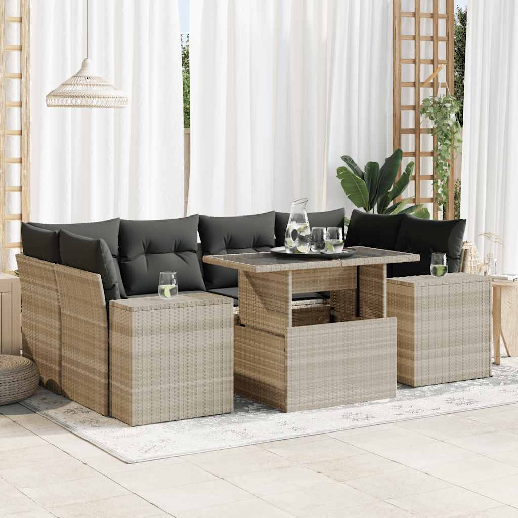 Set Divani da Giardino 7pz con Cuscini Grigio Chiaro Polyrattan