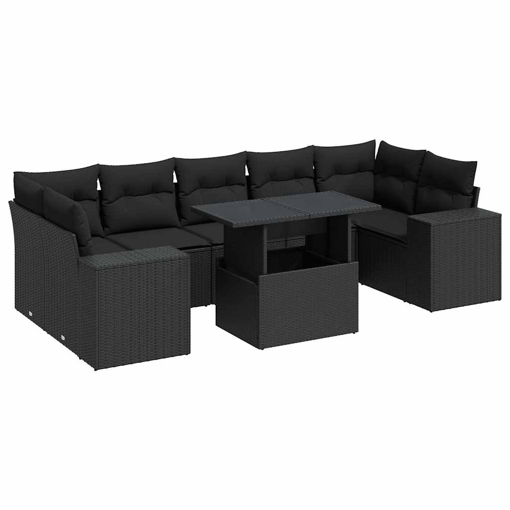 Set Divani da Giardino con Cuscini 8 pz Nero in Polyrattan