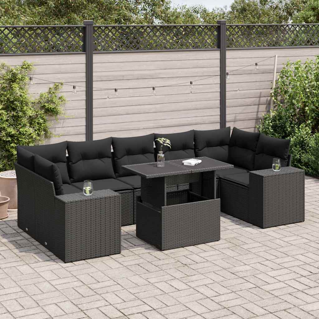 Set Divani da Giardino con Cuscini 8 pz Nero in Polyrattan