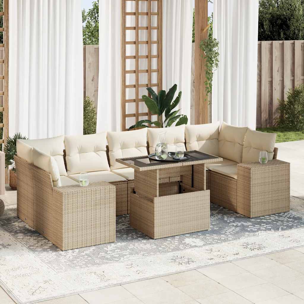 Set Divano da Giardino 8 pz con Cuscini Beige in Polyrattan