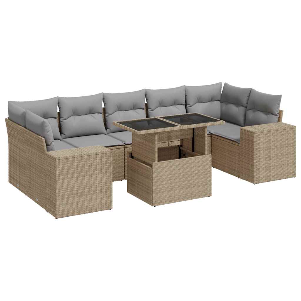 Set Divano da Giardino 8 pz con Cuscini Beige in Polyrattan