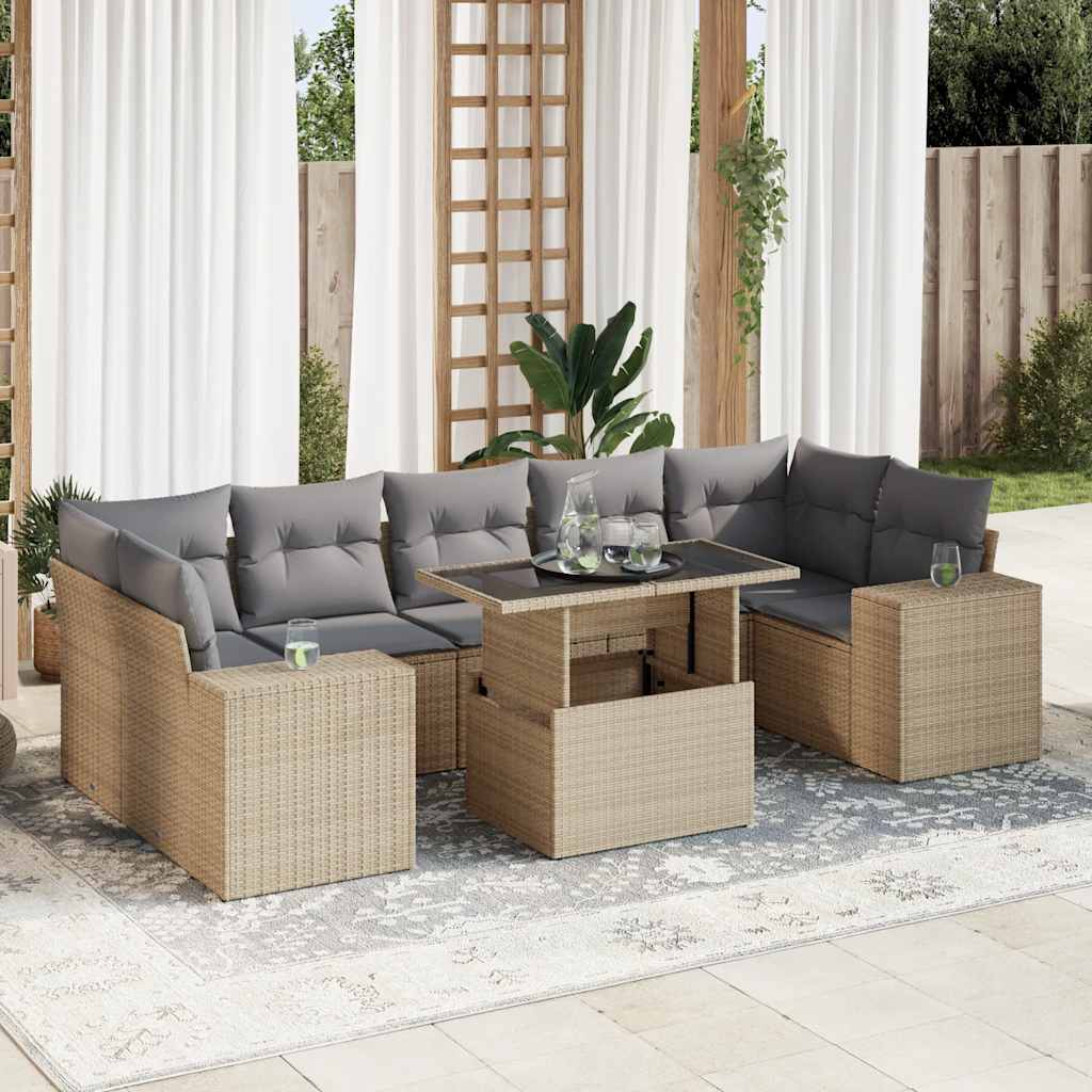 Set Divano da Giardino 8 pz con Cuscini Beige in Polyrattan