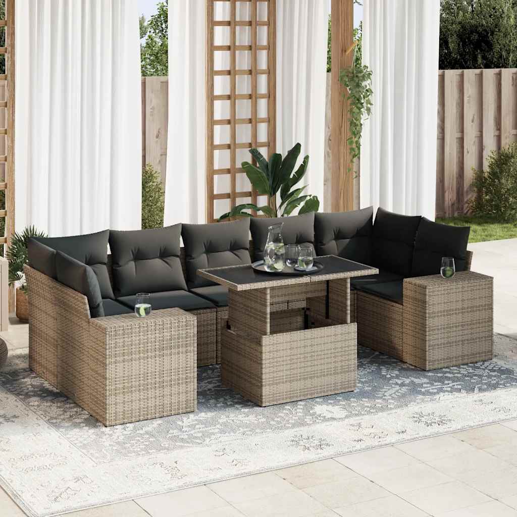 Set Divano da Giardino 8 pz con Cuscini Grigio in Polyrattan