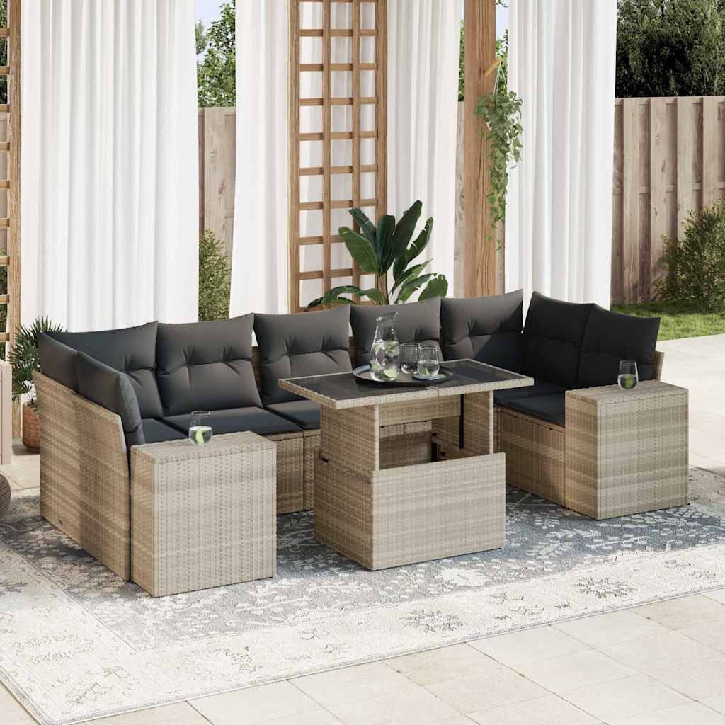 Set Divano da Giardino 8pz con Cuscini Grigio Chiaro Polyrattan