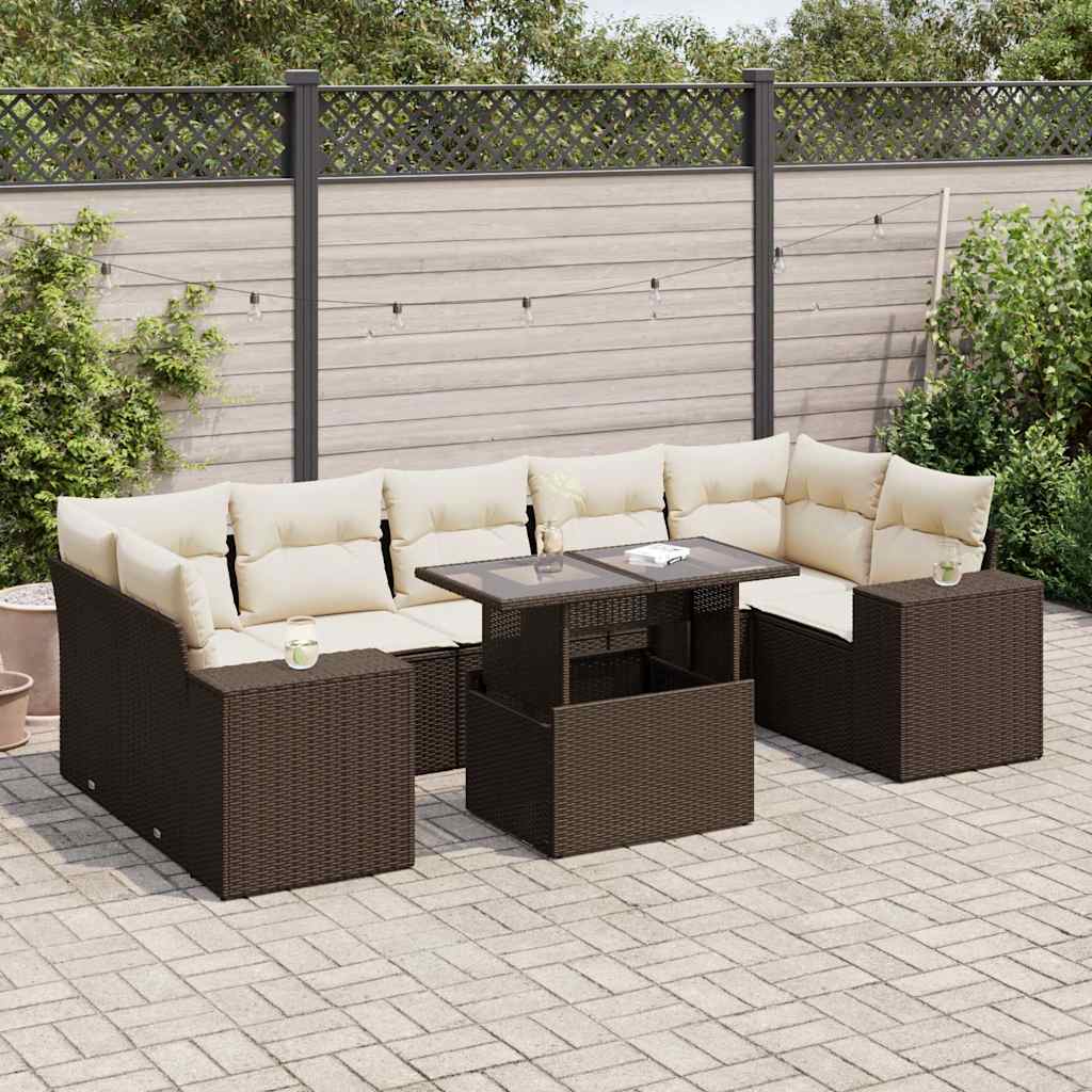 Set Divani da Giardino 8 pz con Cuscini Marrone in Polyrattan