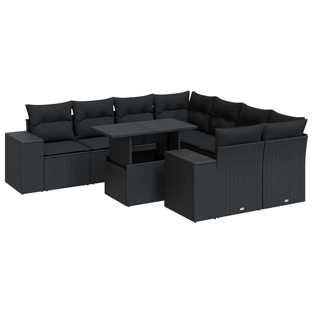 Set Divani da Giardino 9 pz con Cuscini Nero in Polyrattan