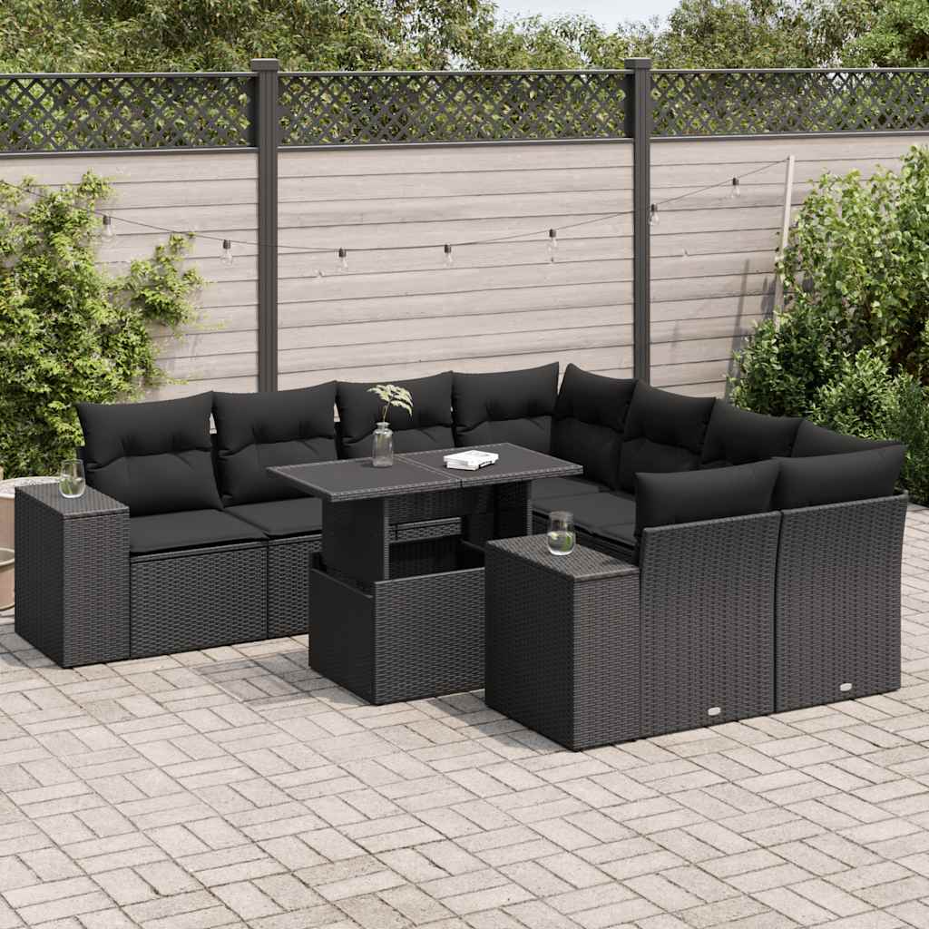 Set Divani da Giardino 9 pz con Cuscini Nero in Polyrattan