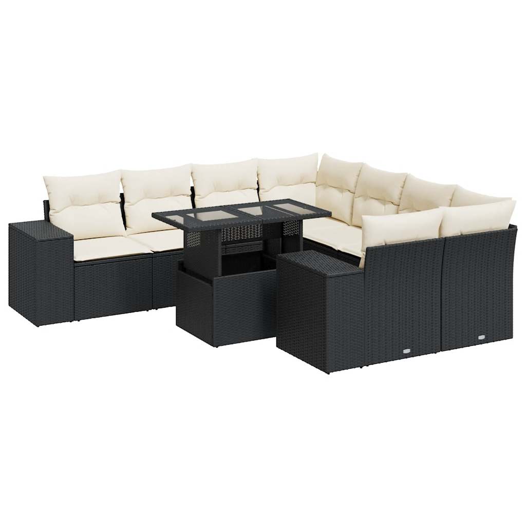 Set Divani da Giardino 9 pz con Cuscini Nero in Polyrattan