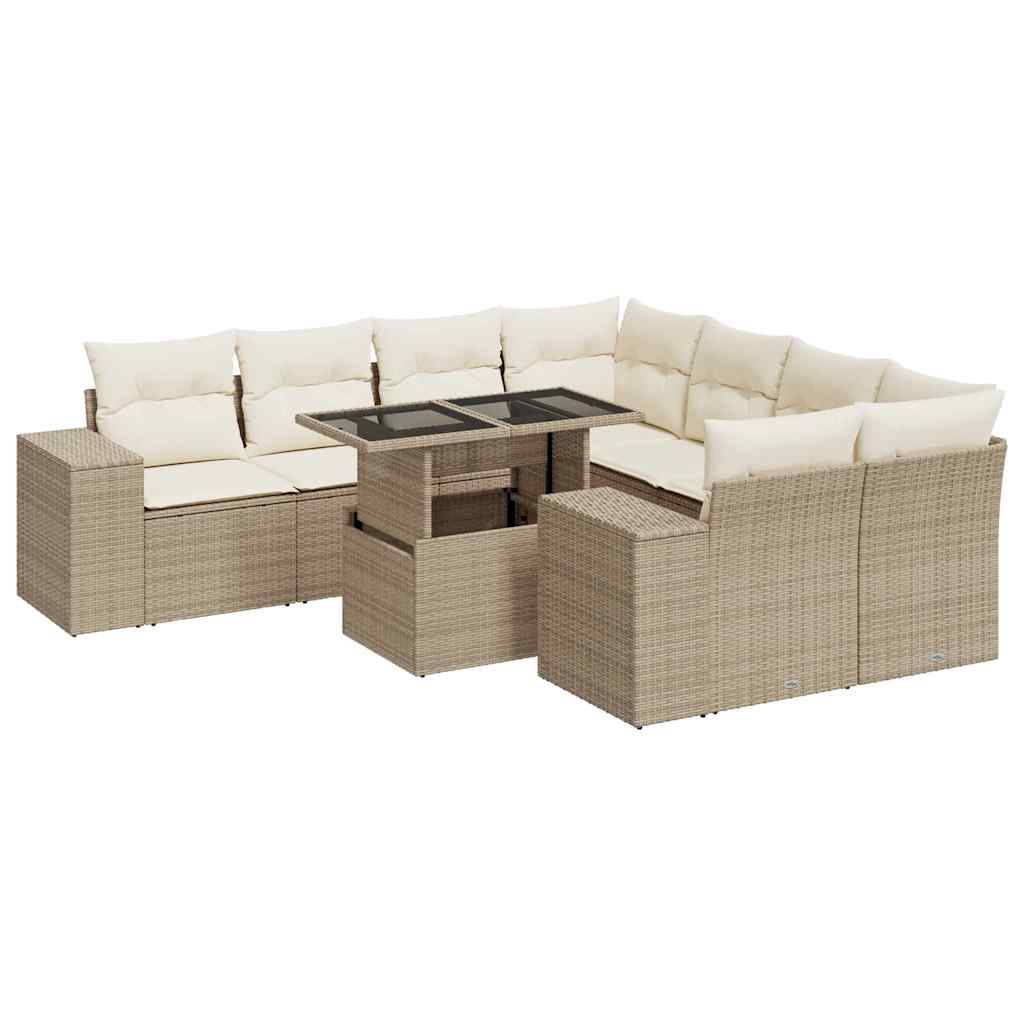 Set Divano da Giardino 9 pz con Cuscini Beige in Polyrattan