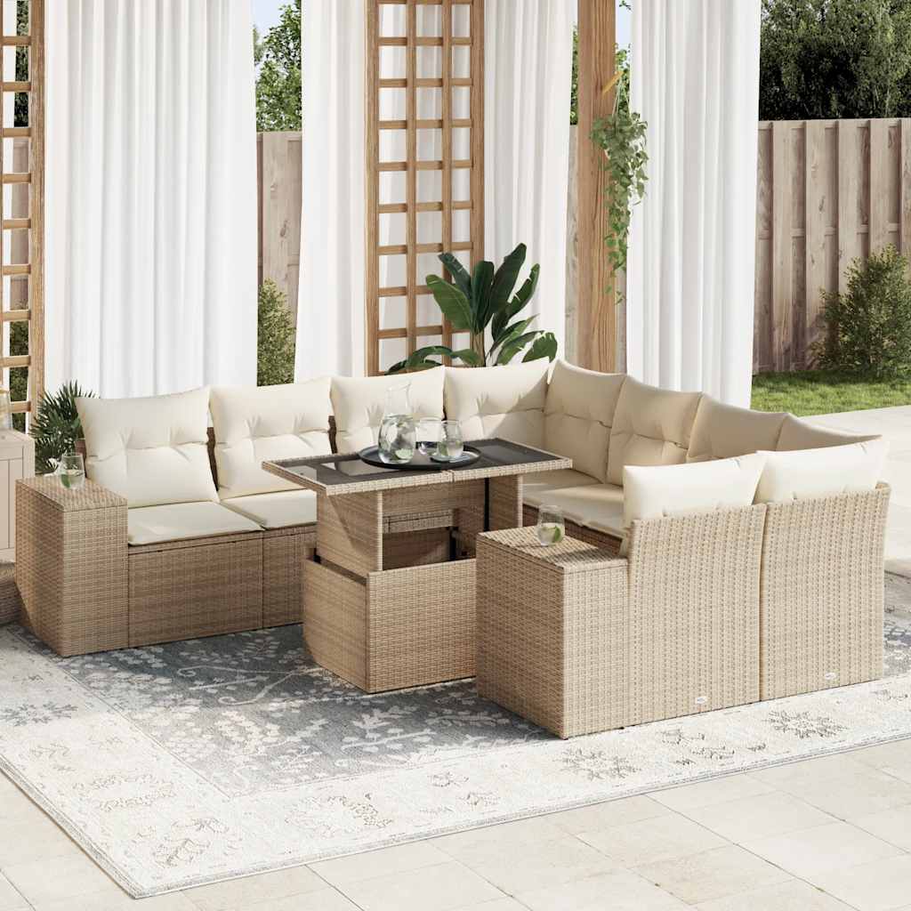 Set Divano da Giardino 9 pz con Cuscini Beige in Polyrattan