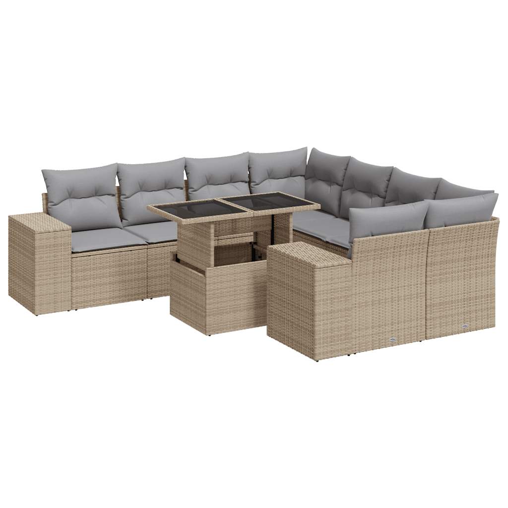 Set Divano da Giardino 9 pz con Cuscini Beige in Polyrattan