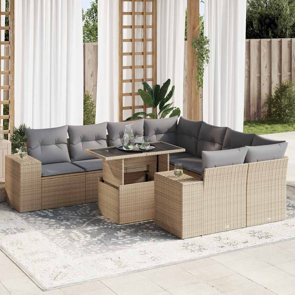 Set Divano da Giardino 9 pz con Cuscini Beige in Polyrattan