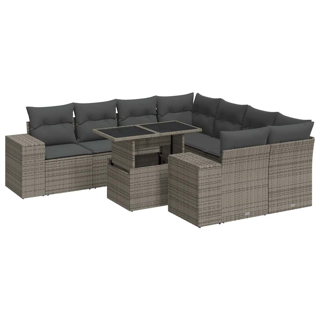 Set Divano da Giardino 9 pz con Cuscini Grigio in Polyrattan