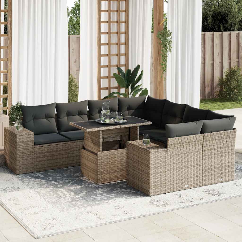 Set Divano da Giardino 9 pz con Cuscini Grigio in Polyrattan