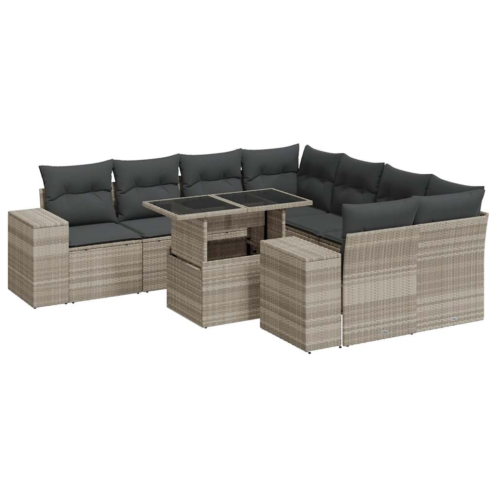 Set Divano da Giardino 9pz con Cuscini Grigio Chiaro Polyrattan