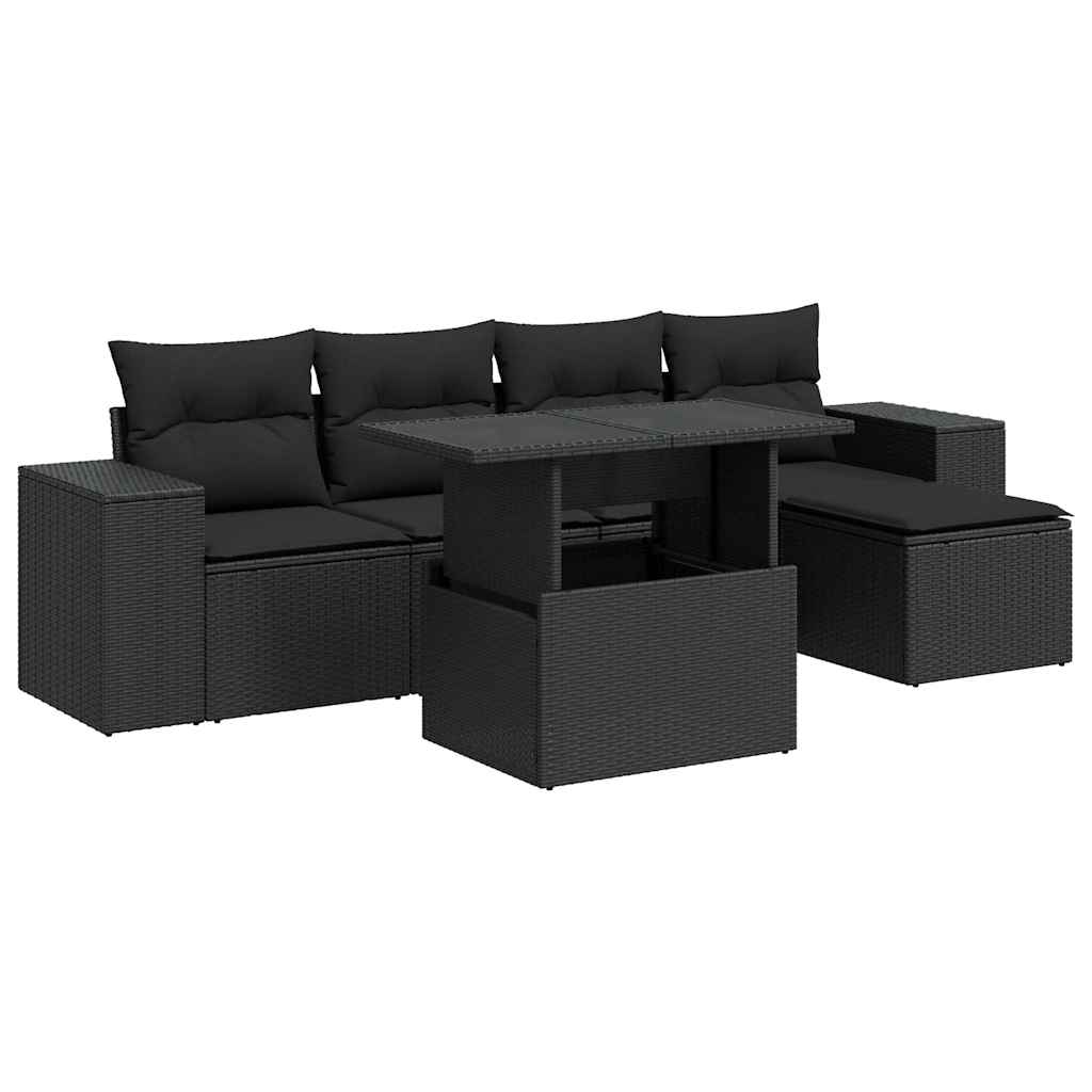 Set Divano da Giardino 6 pz con Cuscini Nero in Polyrattan