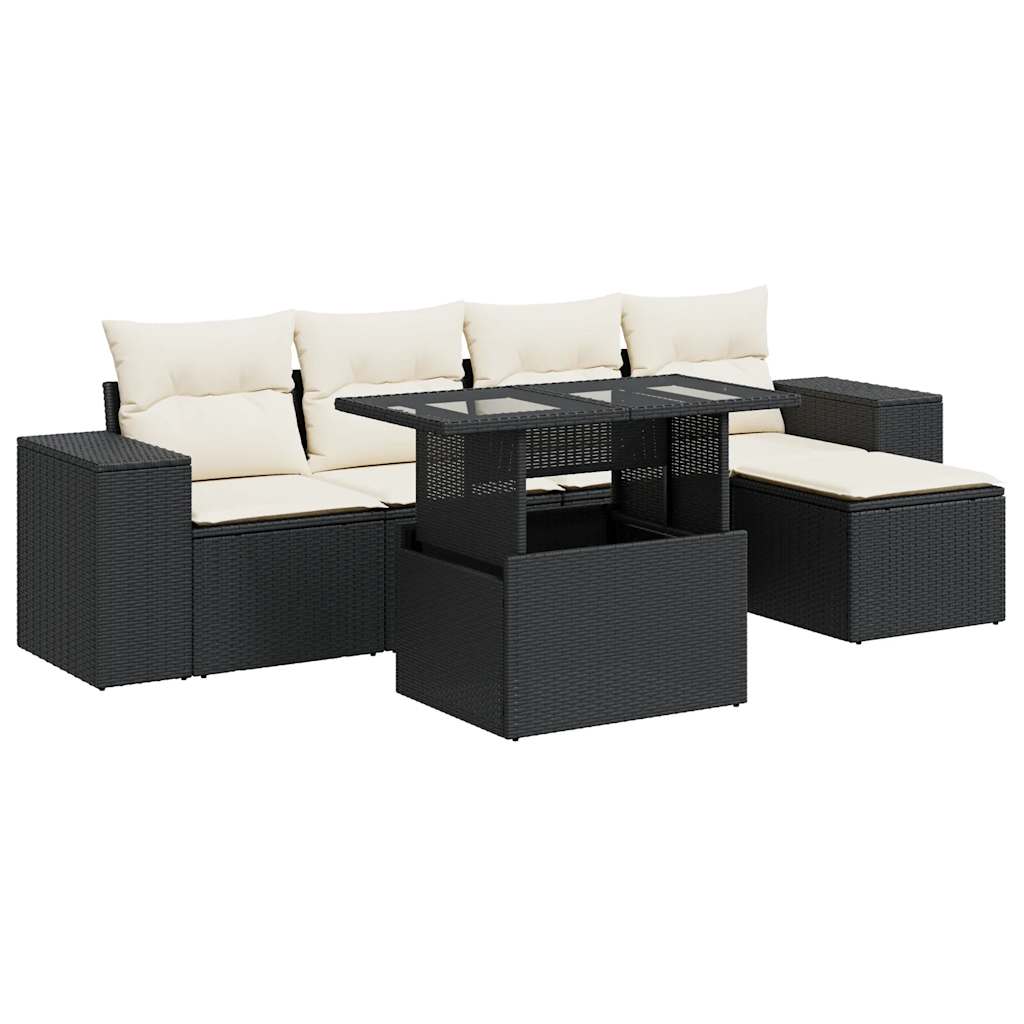 Set Divano da Giardino 6 pz con Cuscini Nero in Polyrattan