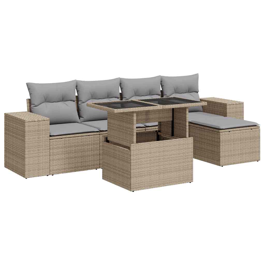 Set Divano da Giardino 6 pz con Cuscini Beige in Polyrattan