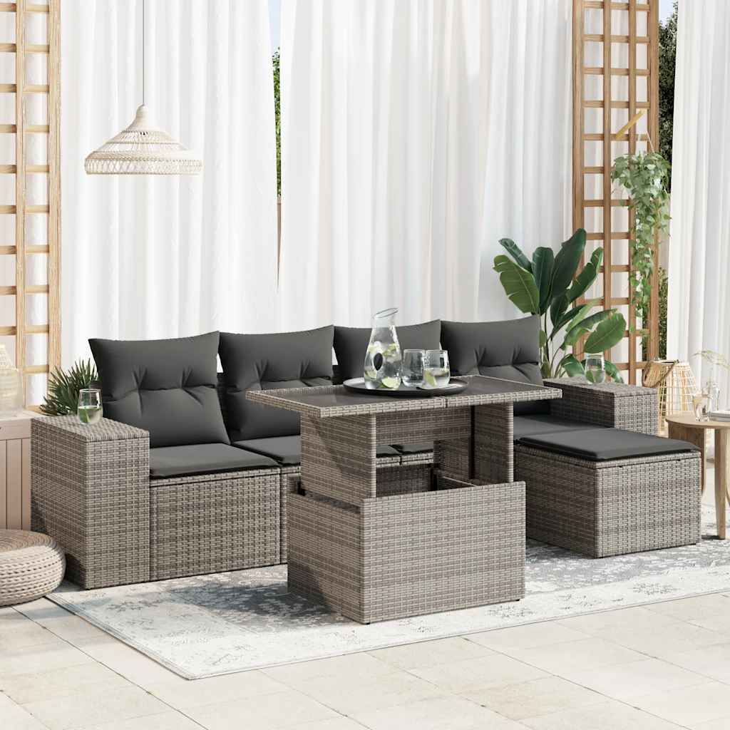 Set Divano da Giardino 6 pz con Cuscini Grigio in Polyrattan