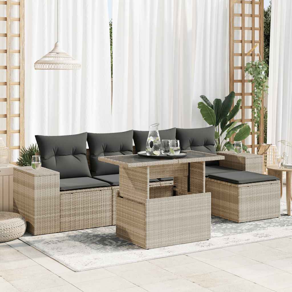 Set Divano da Giardino 6pz con Cuscini Grigio Chiaro Polyrattan