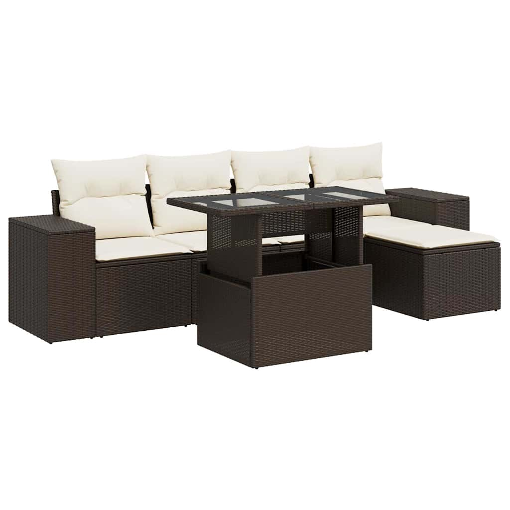 Set Divano da Giardino 6 pz con Cuscini Marrone in Polyrattan