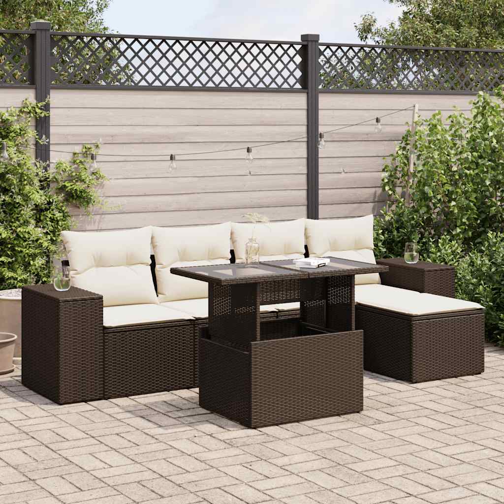 Set Divano da Giardino 6 pz con Cuscini Marrone in Polyrattan