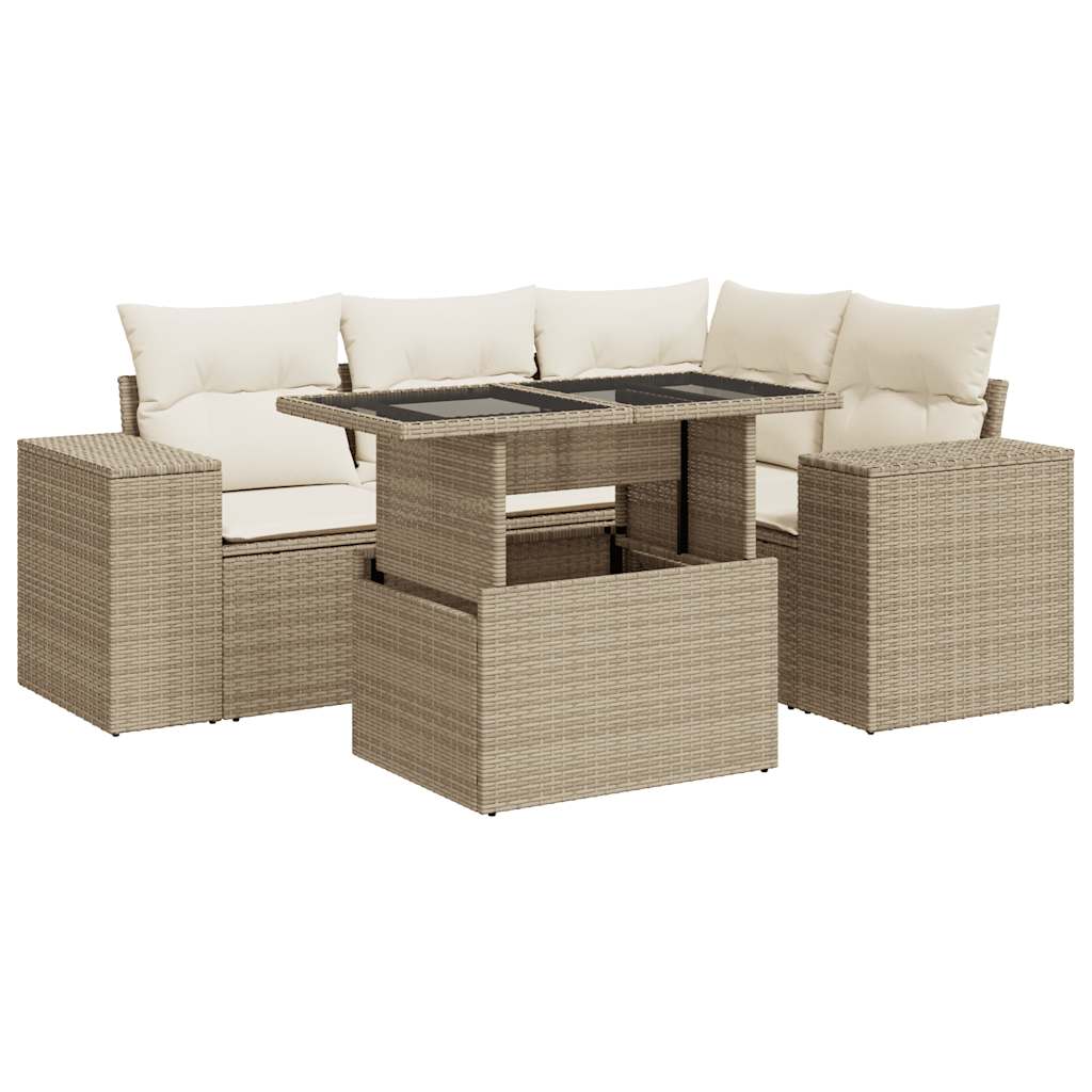 Set Divano da Giardino 5 pz con Cuscini Beige in Polyrattan