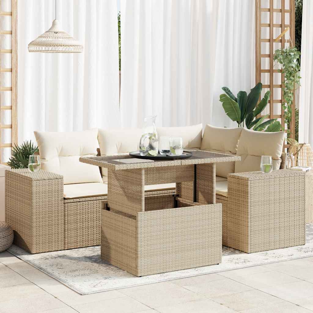 Set Divano da Giardino 5 pz con Cuscini Beige in Polyrattan