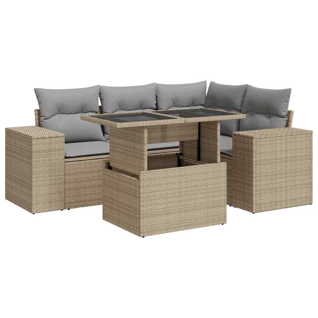 Set Divano da Giardino 5 pz con Cuscini Beige in Polyrattan