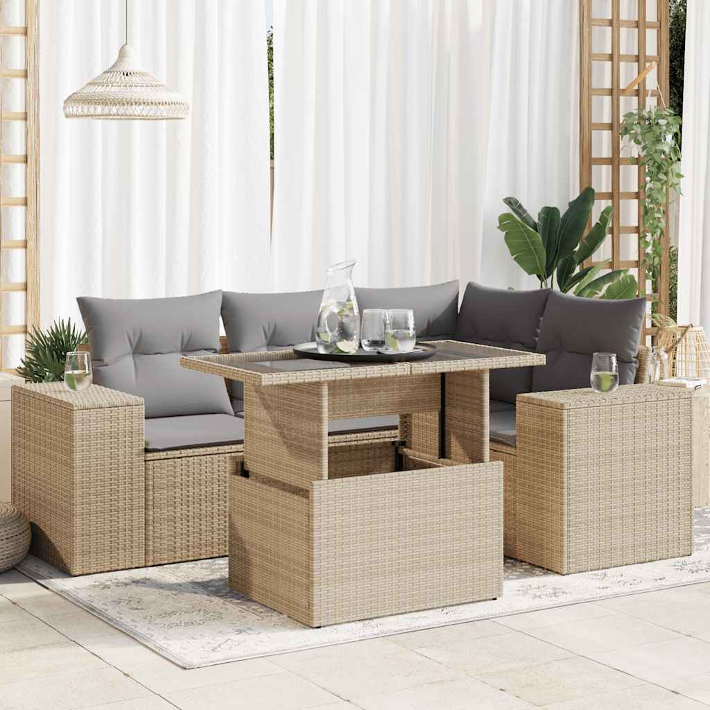 Set Divano da Giardino 5 pz con Cuscini Beige in Polyrattan