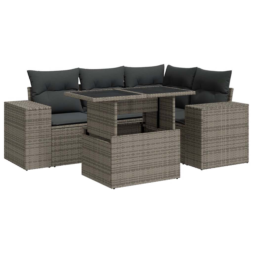 Set Divano da Giardino 5 pz con Cuscini Grigio in Polyrattan