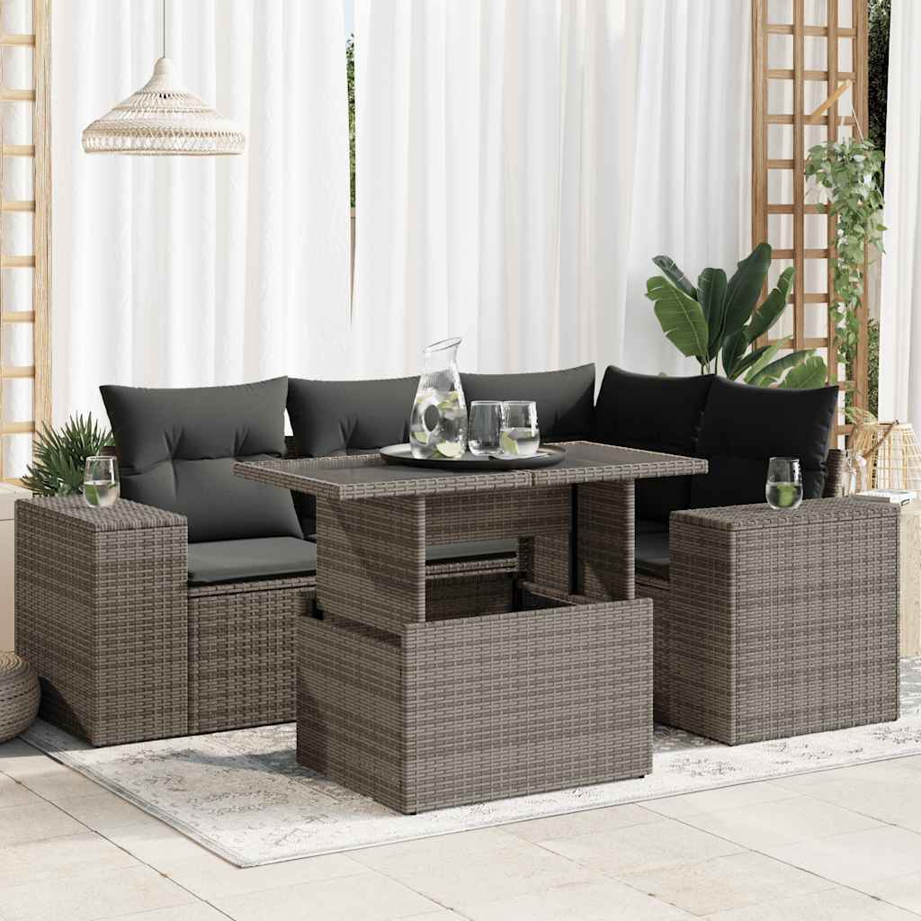 Set Divano da Giardino 5 pz con Cuscini Grigio in Polyrattan