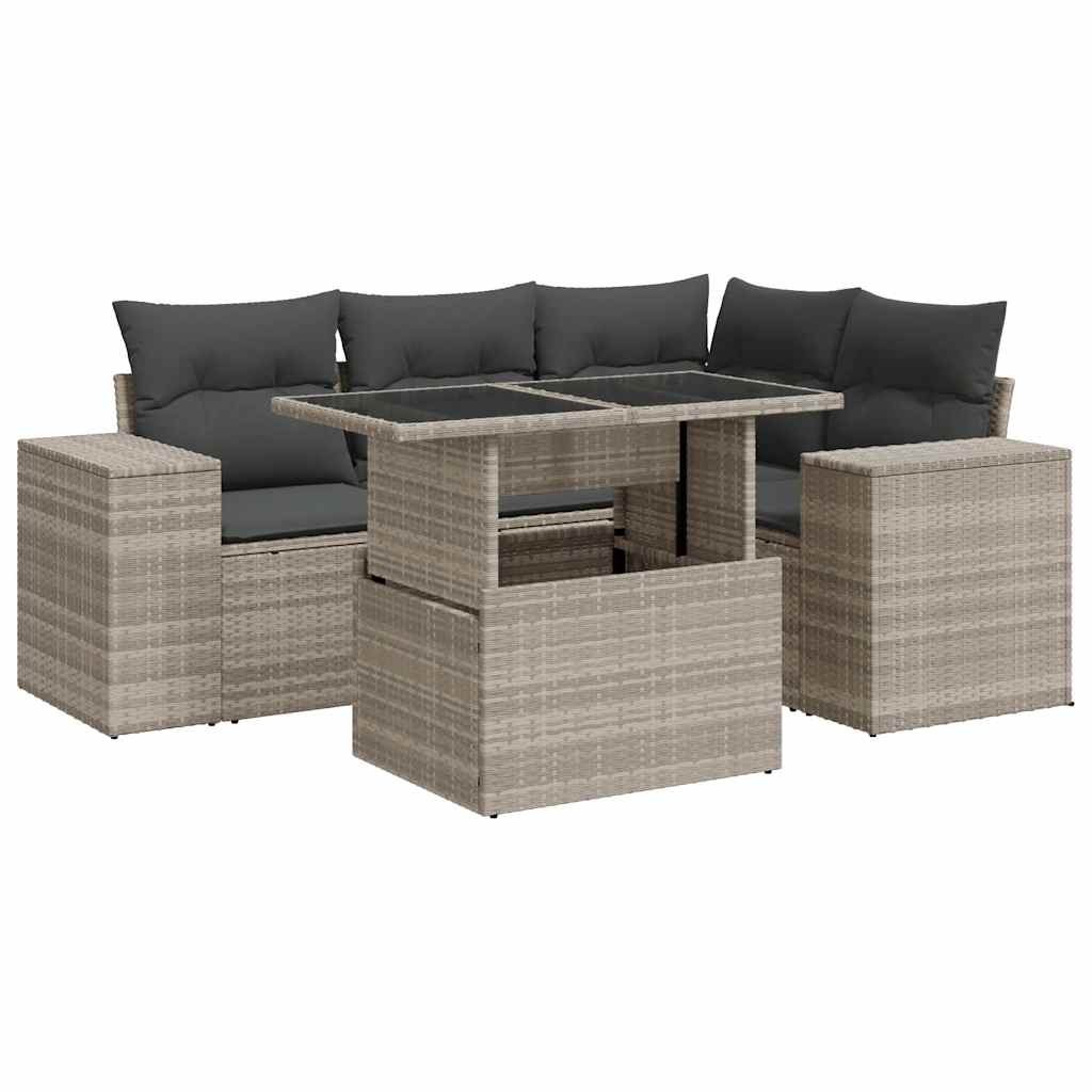 Set Divano da Giardino 5pz con Cuscini Grigio Chiaro Polyrattan