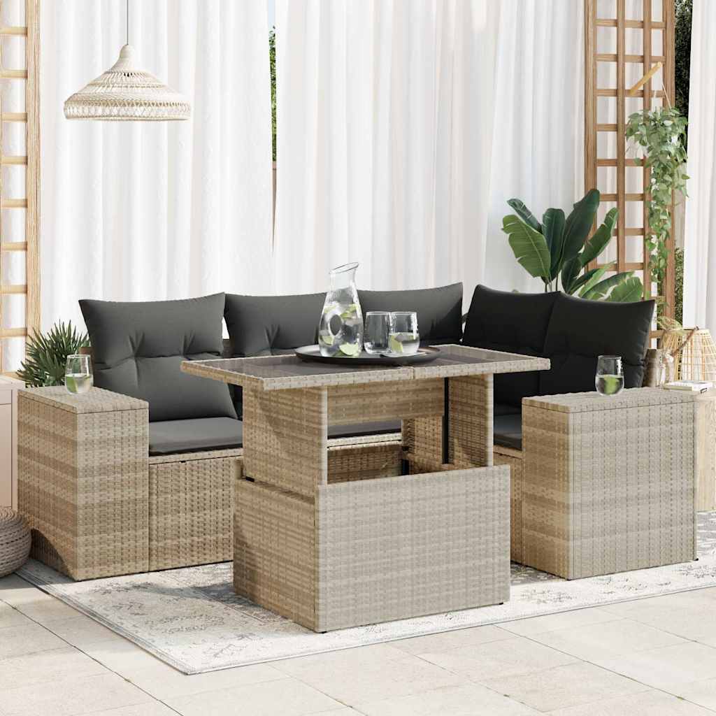 Set Divano da Giardino 5pz con Cuscini Grigio Chiaro Polyrattan