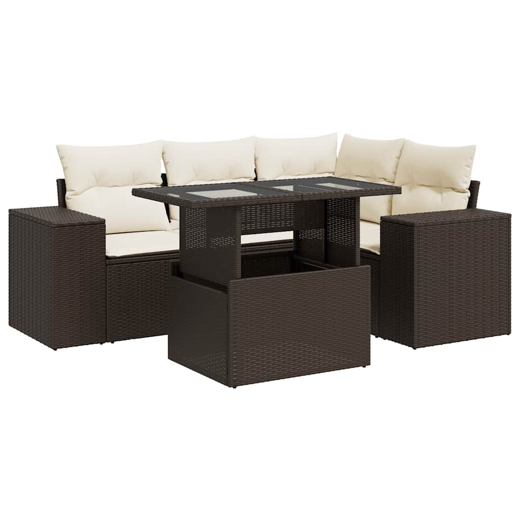 Set Divano da Giardino 5 pz con Cuscini Marrone in Polyrattan