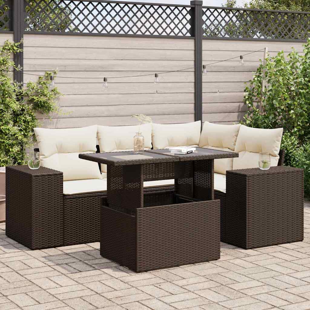 Set Divano da Giardino 5 pz con Cuscini Marrone in Polyrattan