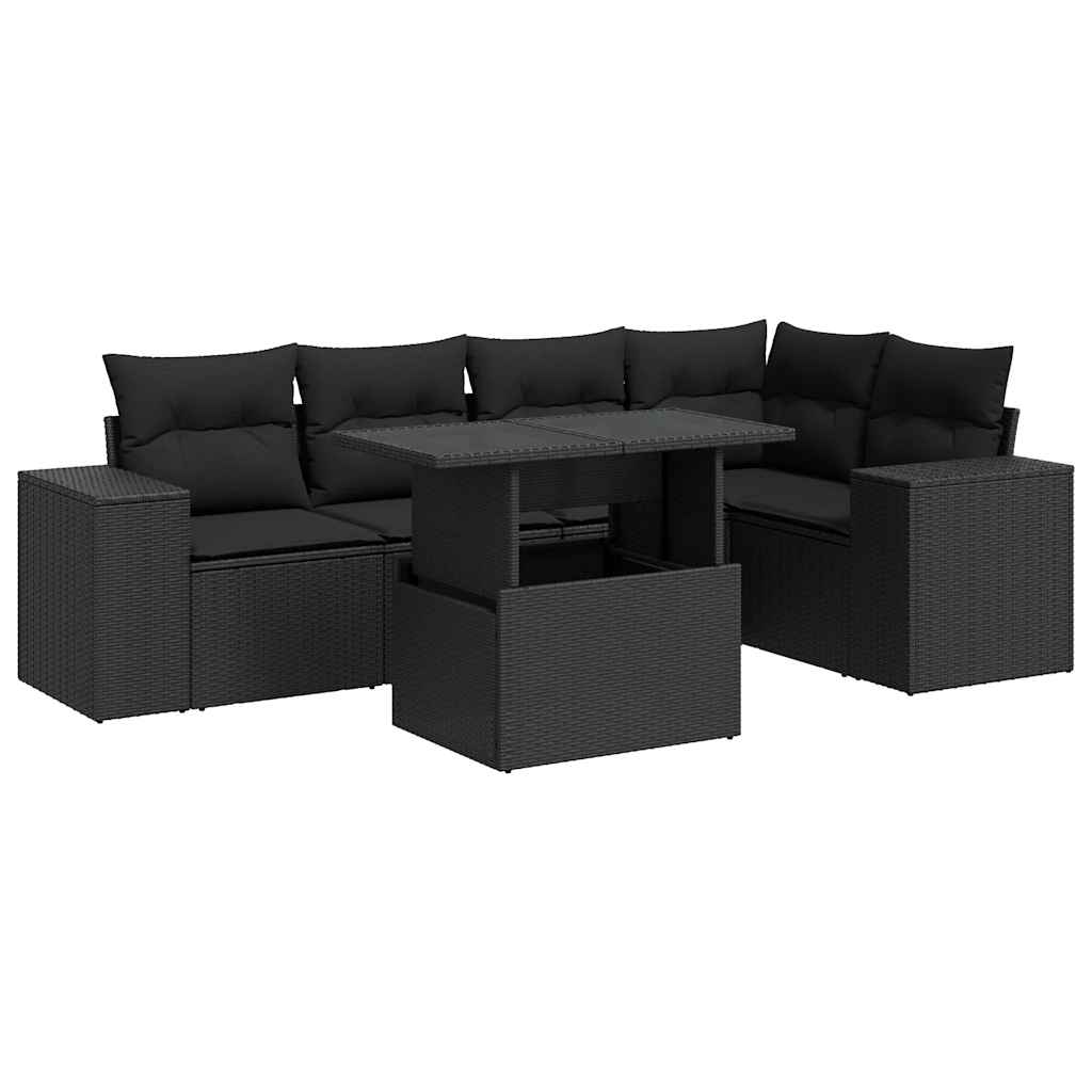 Set Divano da Giardino 6 pz con Cuscini Nero in Polyrattan