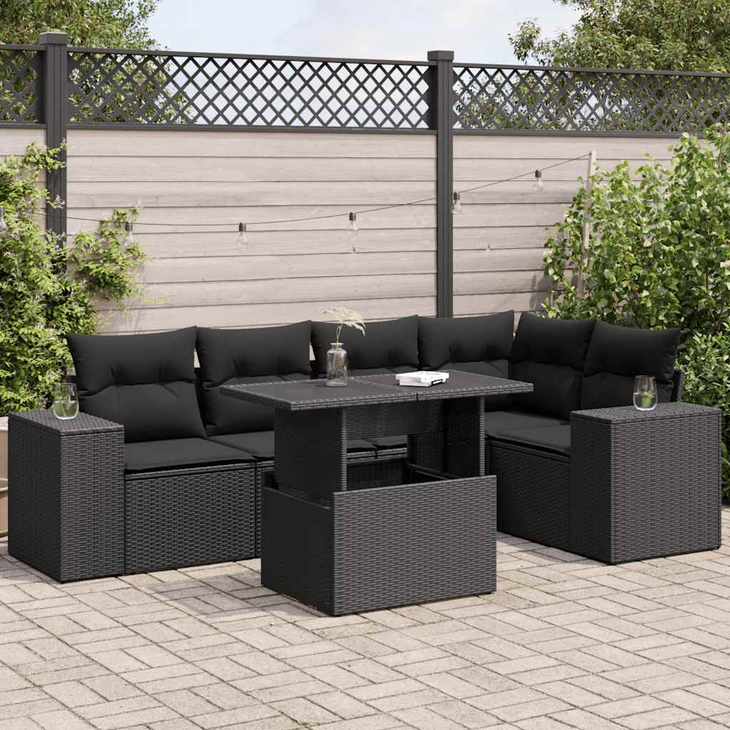 Set Divano da Giardino 6 pz con Cuscini Nero in Polyrattan