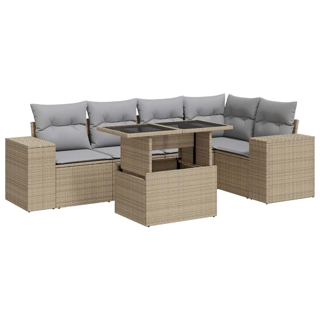 Set Divano da Giardino 6 pz con Cuscini Beige in Polyrattan