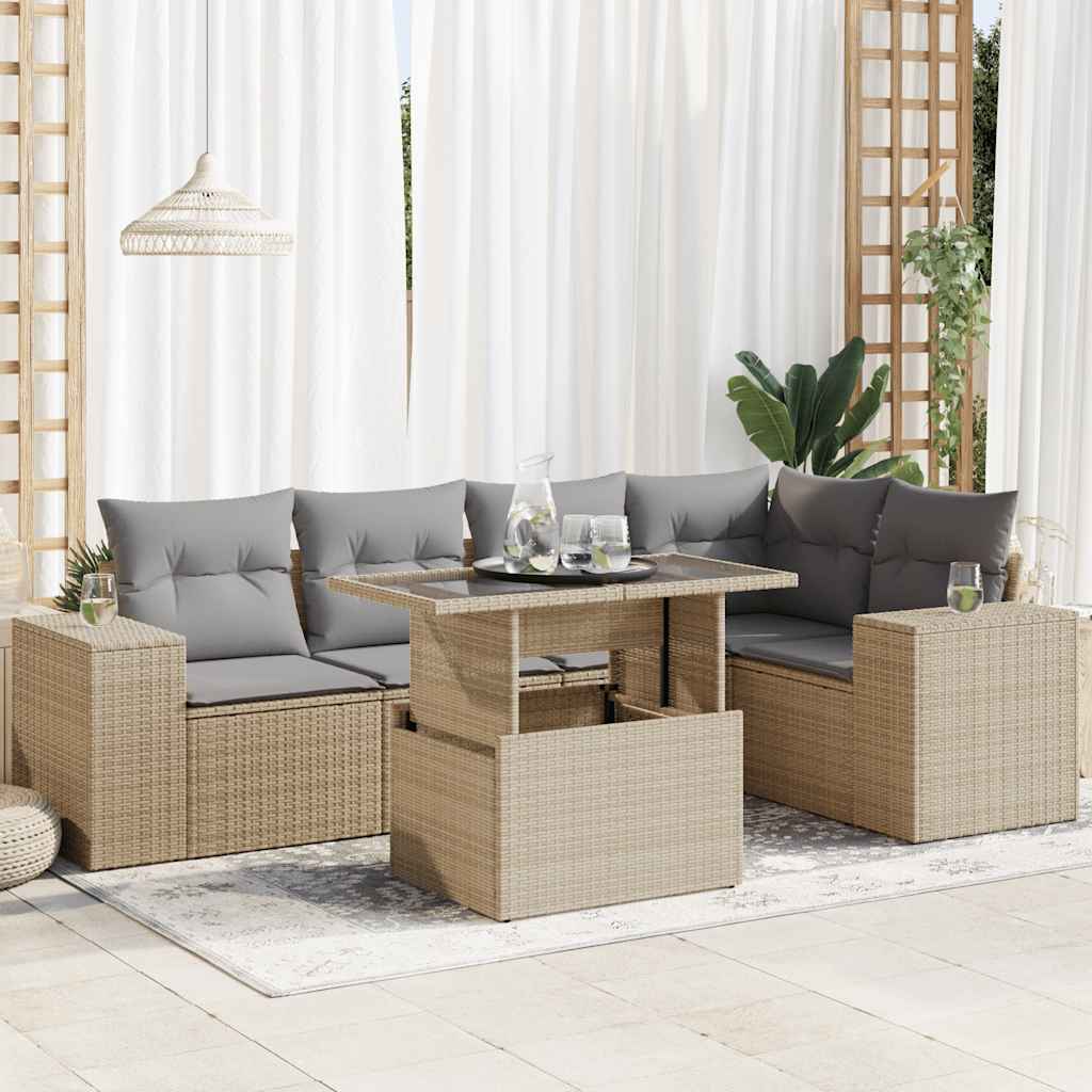 Set Divano da Giardino 6 pz con Cuscini Beige in Polyrattan