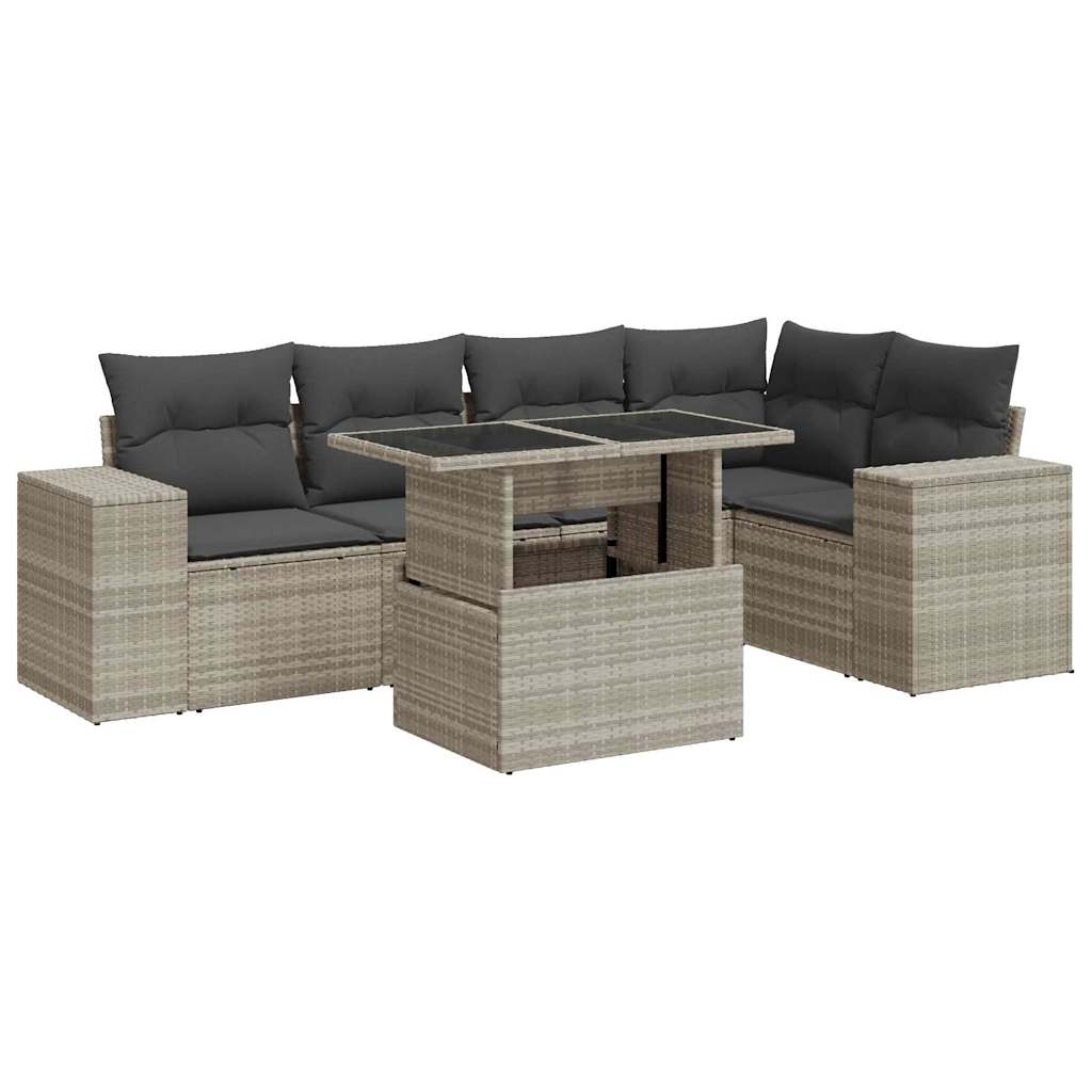 Set Divano da Giardino 6pz con Cuscini Grigio Chiaro Polyrattan