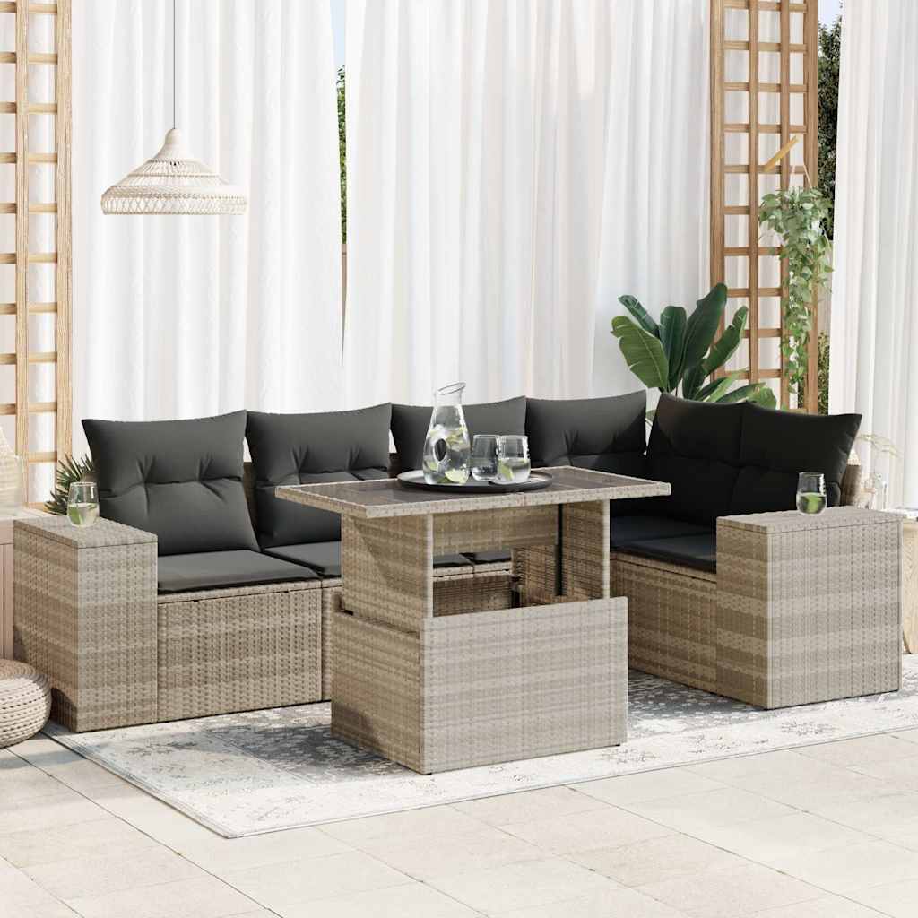 Set Divano da Giardino 6pz con Cuscini Grigio Chiaro Polyrattan