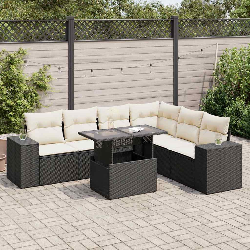 Set Divani da Giardino con Cuscini 7pz Nero Polyrattan