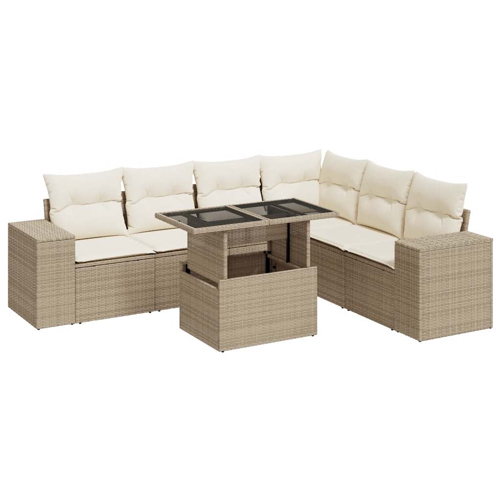 Set Divani da Giardino 7 pz con Cuscini Beige in Polyrattan