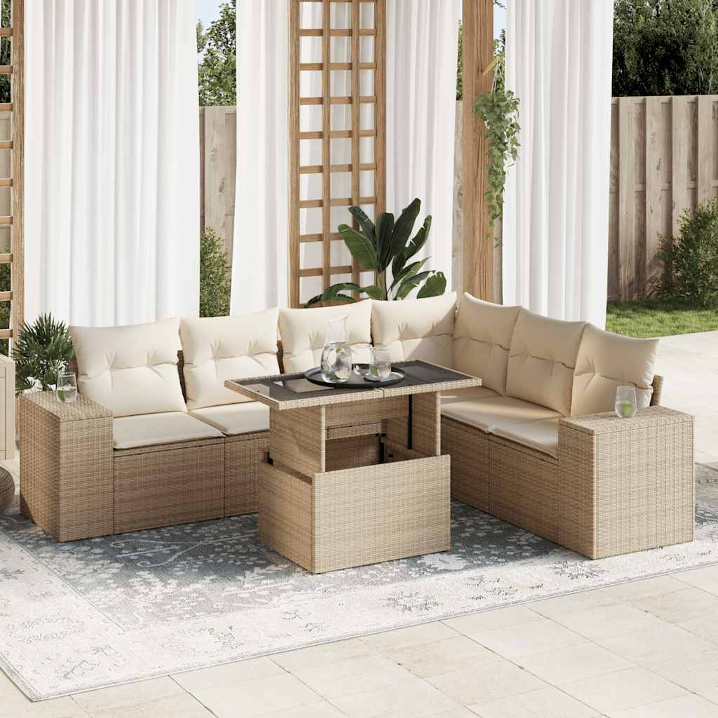 Set Divani da Giardino 7 pz con Cuscini Beige in Polyrattan