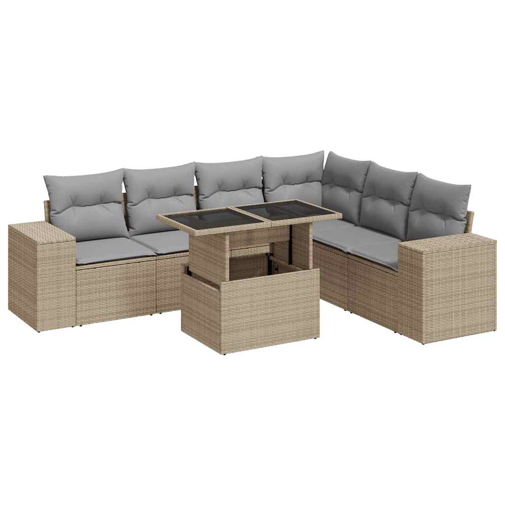 Set Divani da Giardino 7 pz con Cuscini Beige in Polyrattan